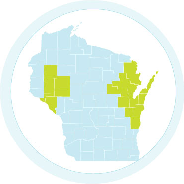 Image of Wisconsin with counties highligted showing the Prevea360 Health Plan service area. 